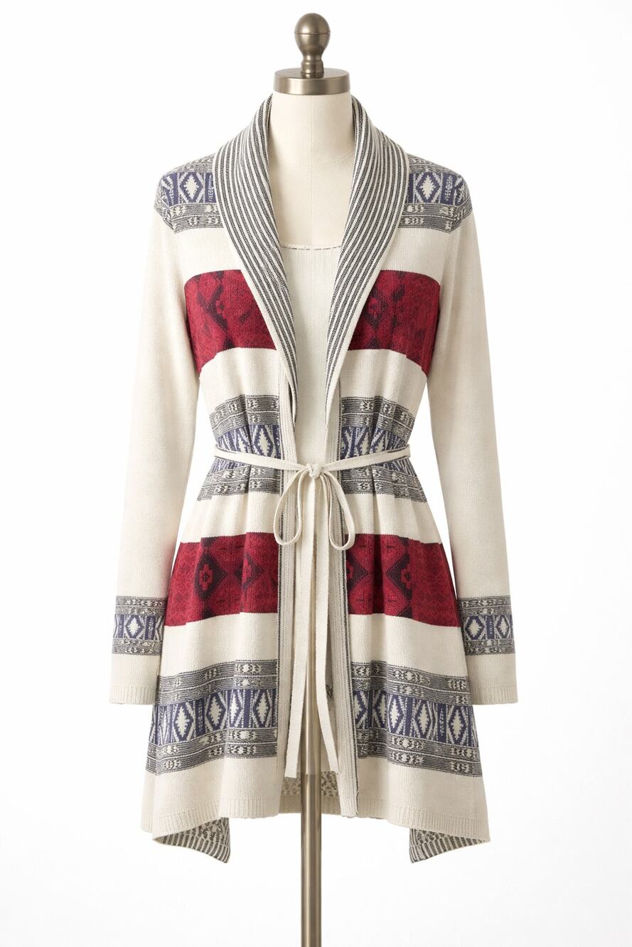 Belldini Tribal Boho Long Cardigan Tie Waist Ivory Red
